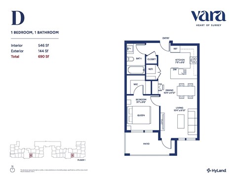Floor plan for 1 bed, 1 bath, 546 sqft